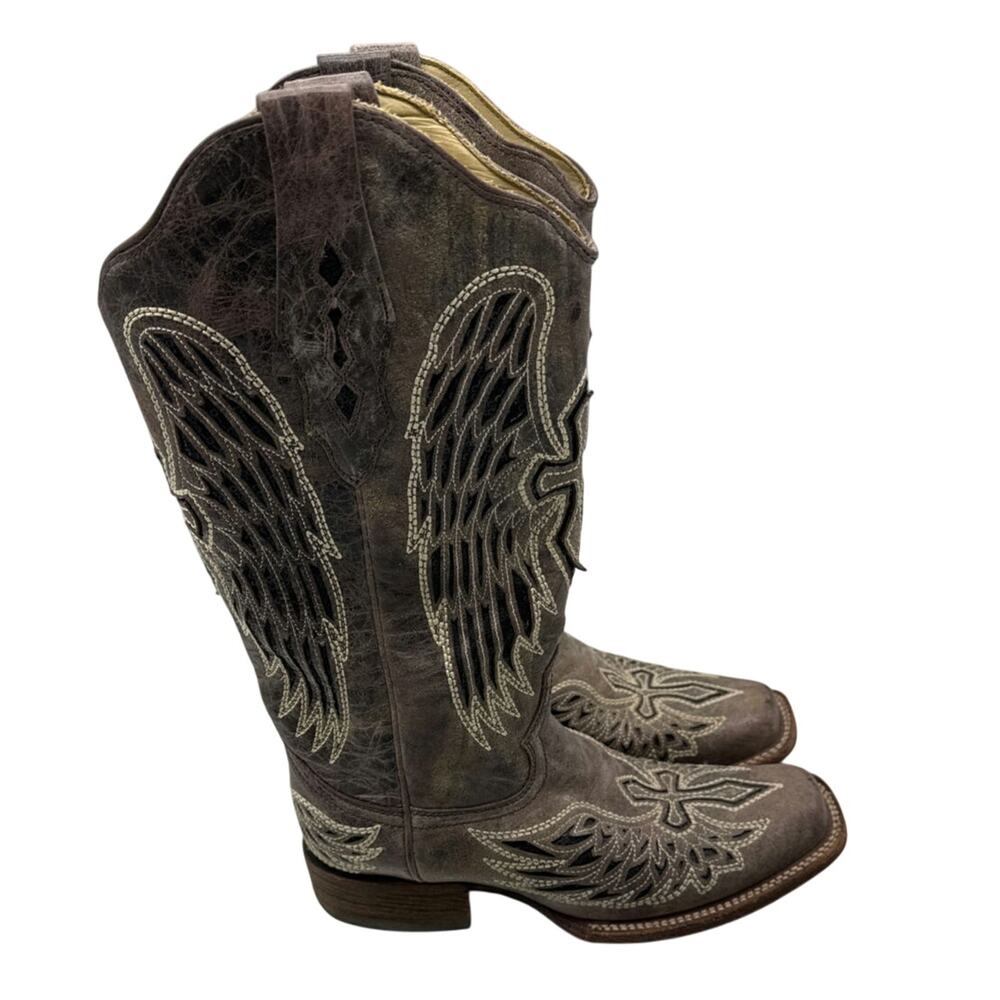 CORRAL WOMEN'S SEQUIN WING & CROSS INLAY WESTERN BOOTS SQUARE TOE‎ SZ 7 M